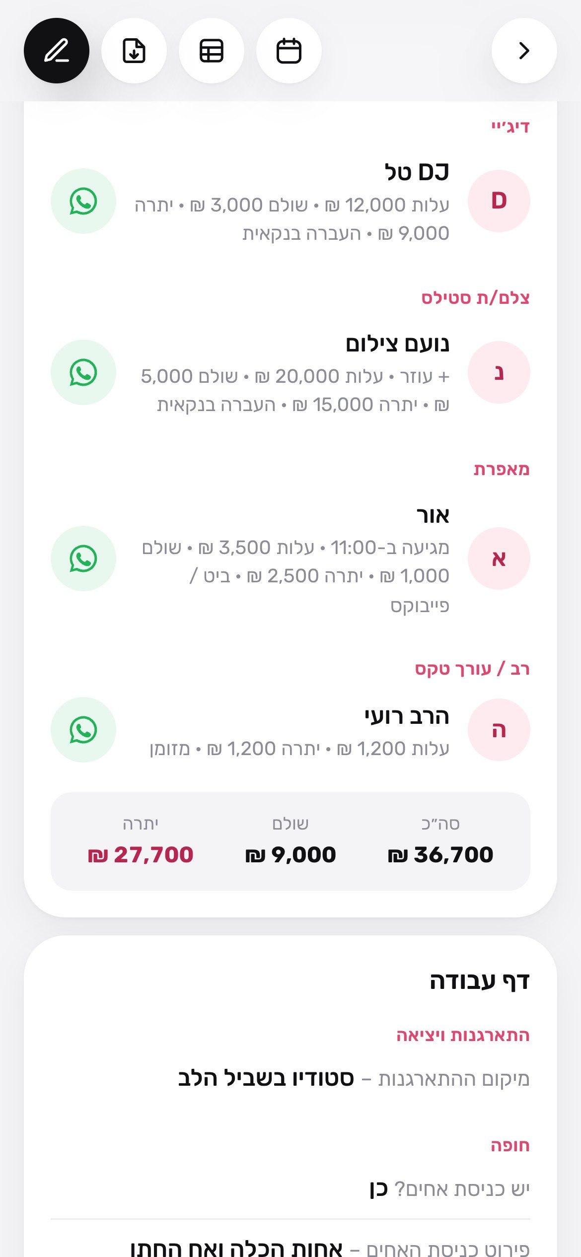 ספקים ותשלומים של אירוע